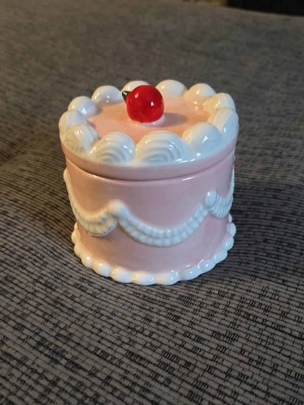 Pink Ceramic Cake Trinket Box with Cherry Accent